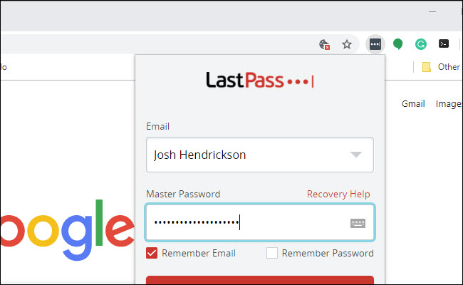 Lastpass login screen with username and password filled out.