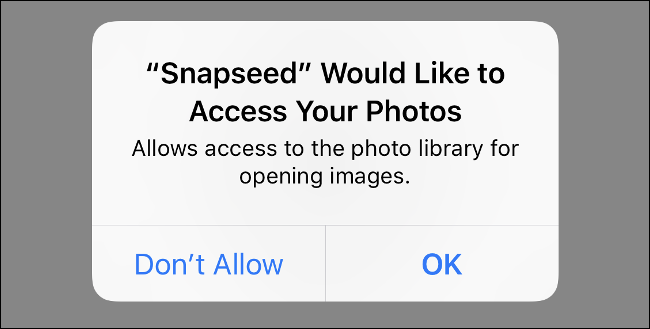 A screenshot of the iOS app "Snapseed" requesting access to the Photos app