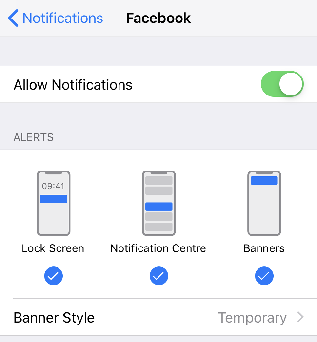 Screenshot of the Notifications menu in iOS.