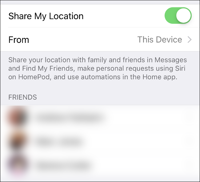 Screenshot of the Share My Location toggle on iOS.