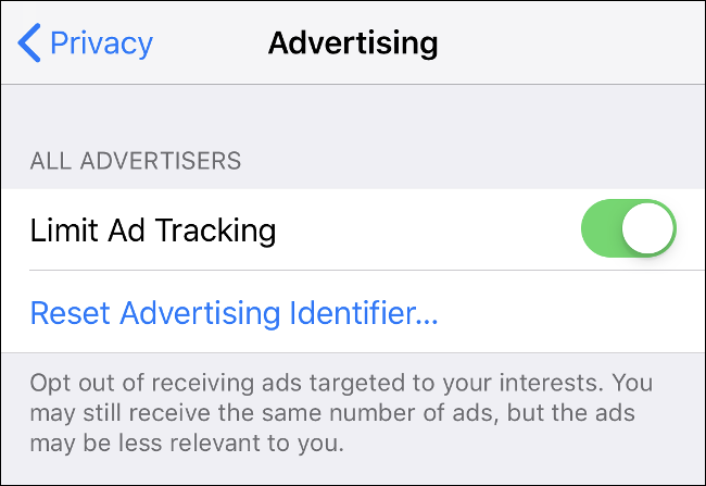 The "Advertising" menu screen on iOS.