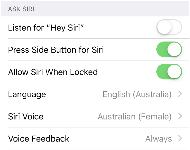 Screenshot of the Siri menu in Settings on iOS.