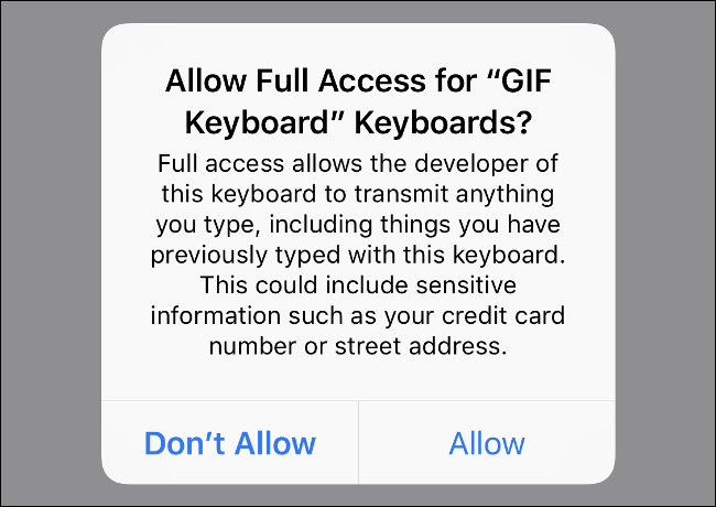 Screenshot of iOS warning against enabling "Full Access" for third party keyboards.