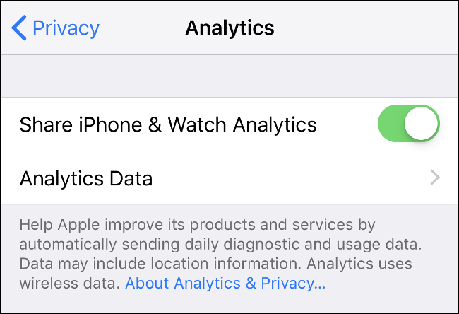 The "Analytics" screen under the "Privacy" settings on iPhone.