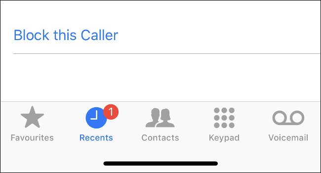 Screenshot of the "Block this Caller" option in the Phone app.