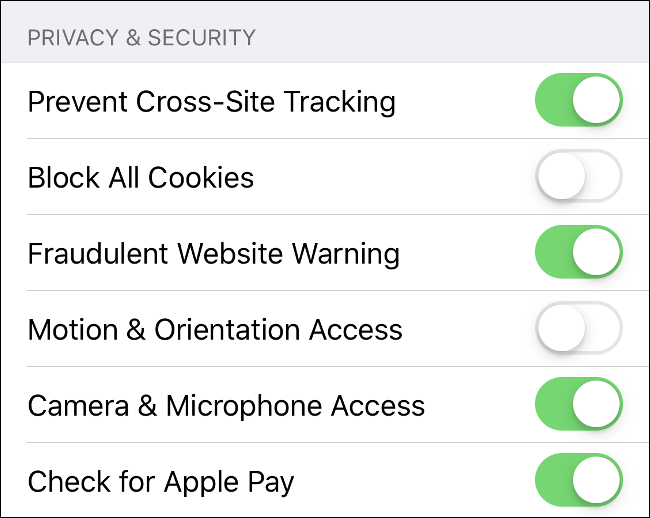 Screenshot of Safari's Privacy and Security settings for iOS.