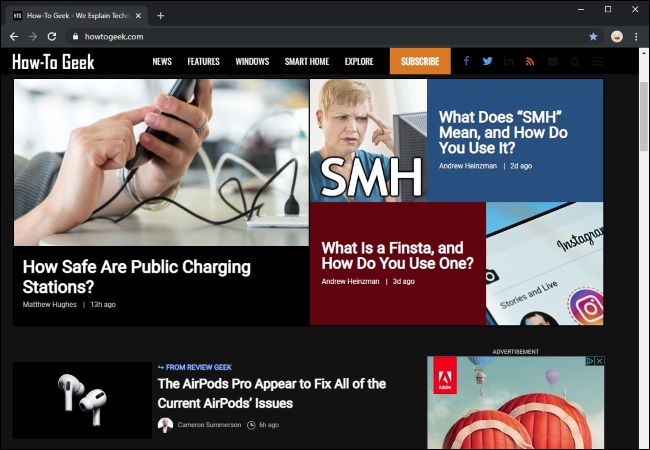 Google Chrome forcing dark mode on How-To Geek's homepage.