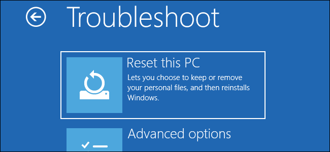 The Reset This PC option in Windows 10's boot-up Troubleshooting menu.