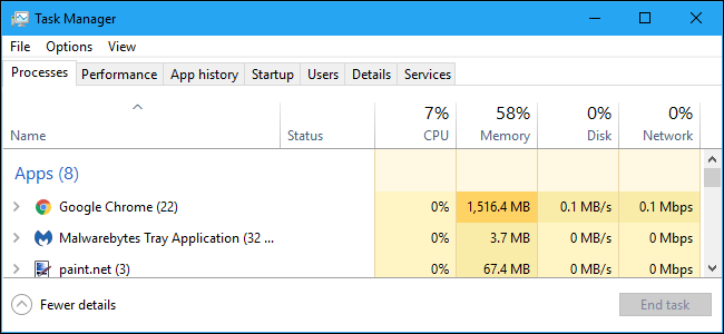 Processes tab in Windows 10's Task Manager