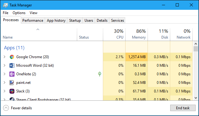 Viewing app resource usage in the Windows Task Manager