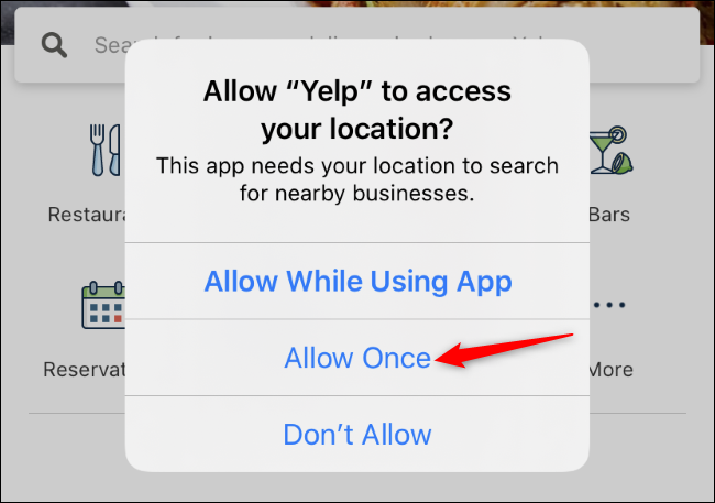 The Allow Once option for Yelp's location access on an iPhone.