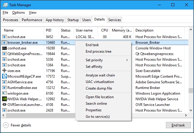 Context menu options for a process on the Task Manager's Details tab