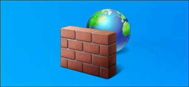 Windows Firewall icon on a Windows 10 desktop background.