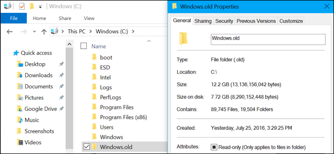 Windows.old folder size in File Explorer