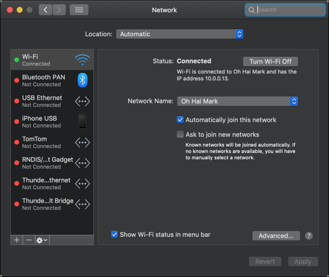 The macOS Network settings menu.
