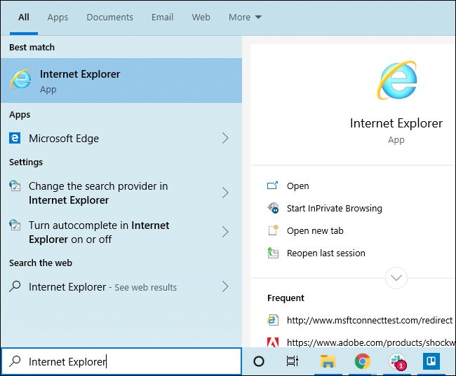 Launching Internet Explorer from Windows 10's Start menu.