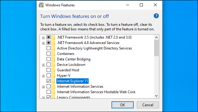Enabling Internet Explorer from Windows Features.