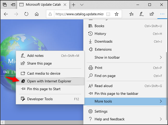 Opening a web page in Internet Explorer from Microsoft Edge.