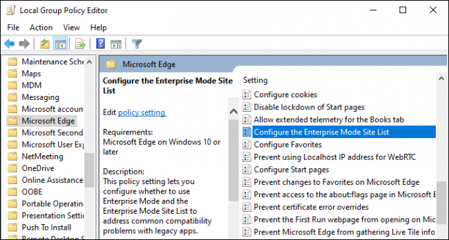 Configuring the Enterprise Mode site list on Windows 10.