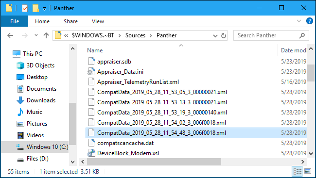CompatData file in Windows 10's Panther folder