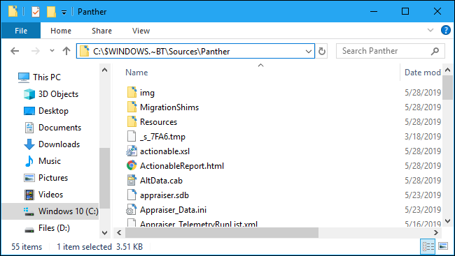 Windows 10 setup error message log Panther folder
